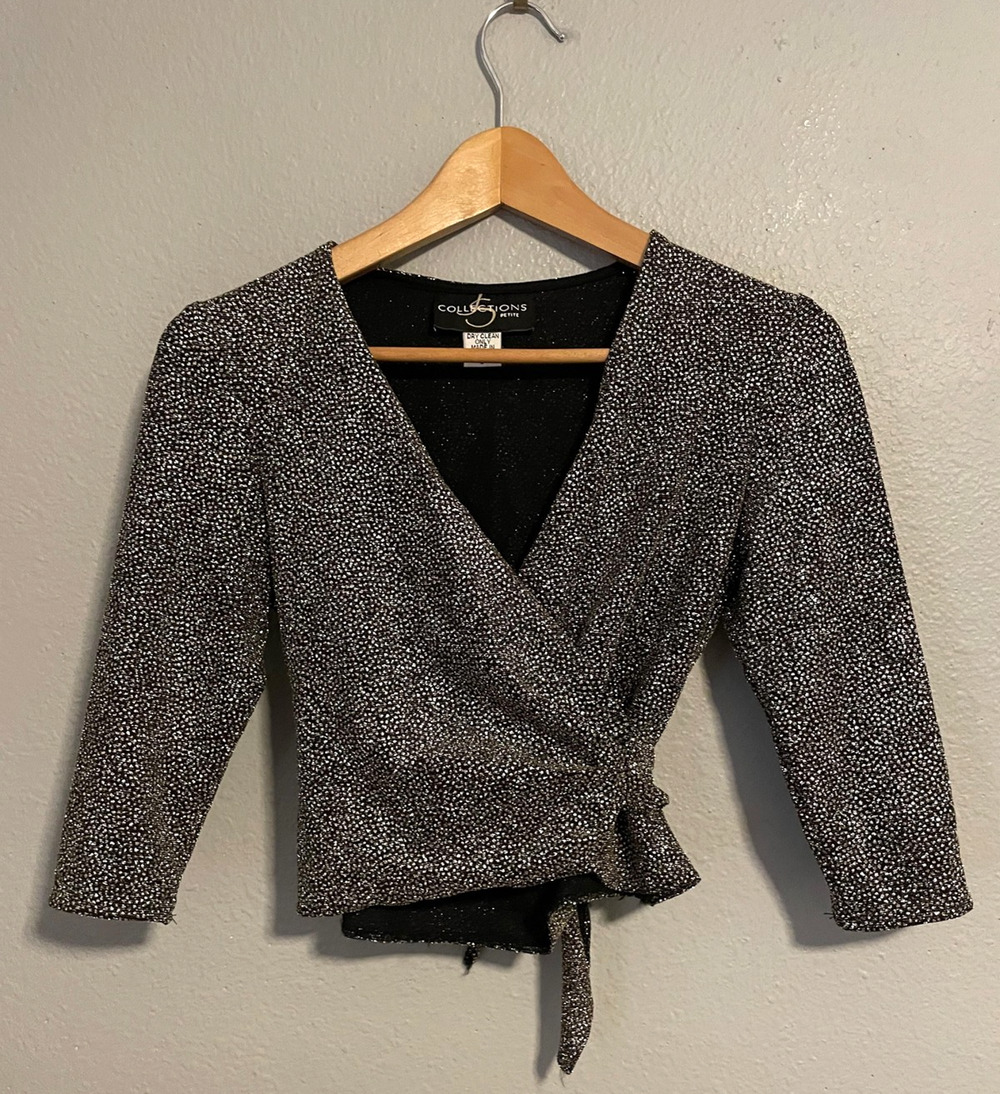 Vintage Womens Top Petite Small Black Wrap Crop 3/4 Sleeve Metallic Rave 90s Y2K